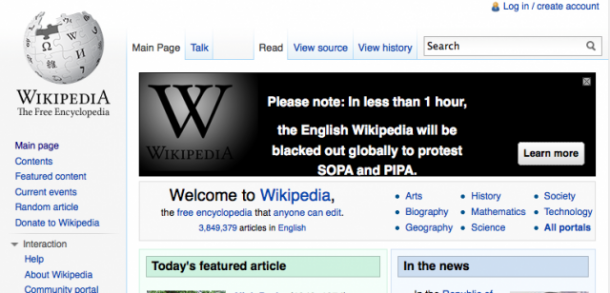 Wikipedia will join other several high-profile website on Jan. 18, 2012 in a global blackout to protest SOPA and PIPA.